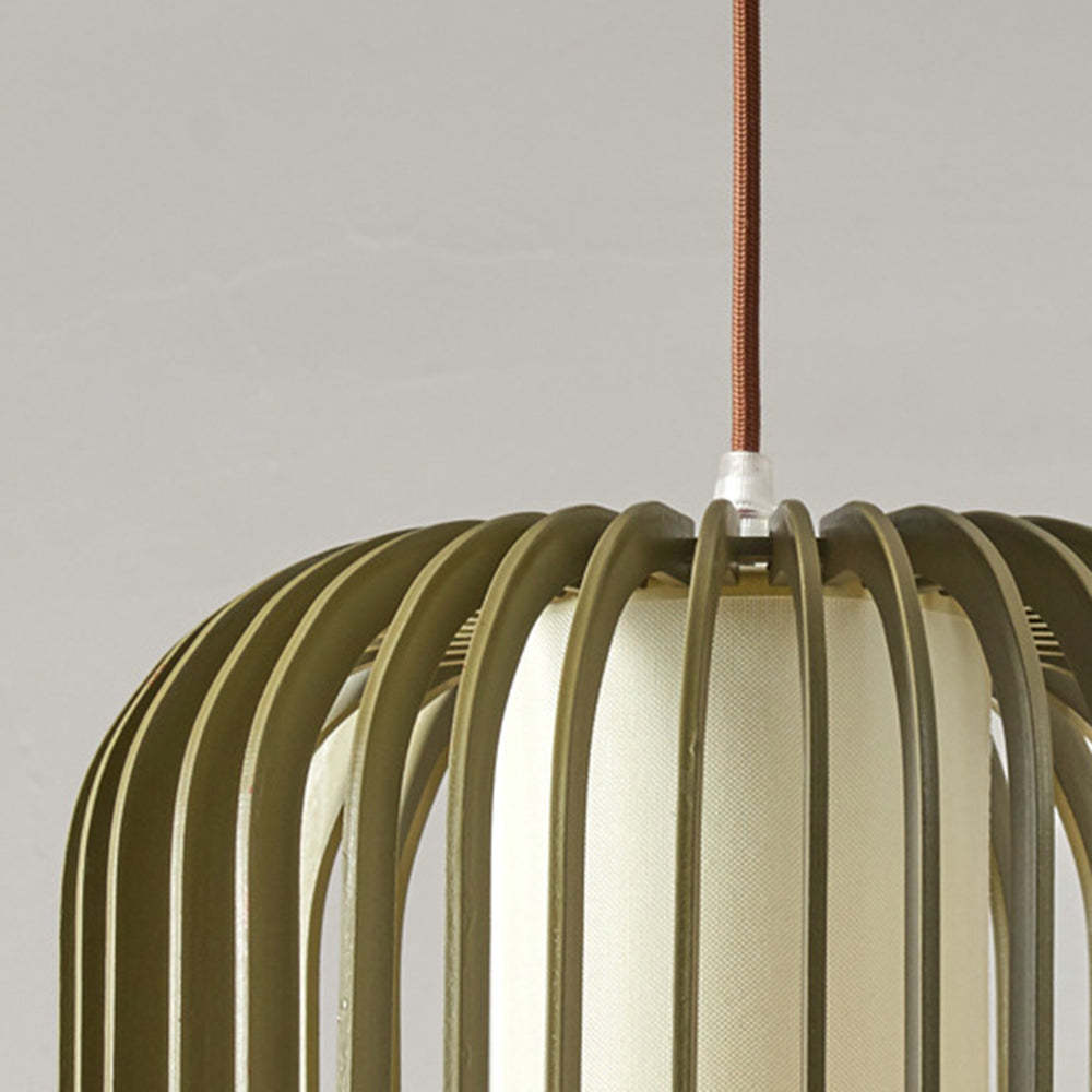Ozawa birdcage pendant light detail. Wood and fabric texture.