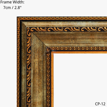 Close-up of ornate gold picture frame, 7cm width, CP-12