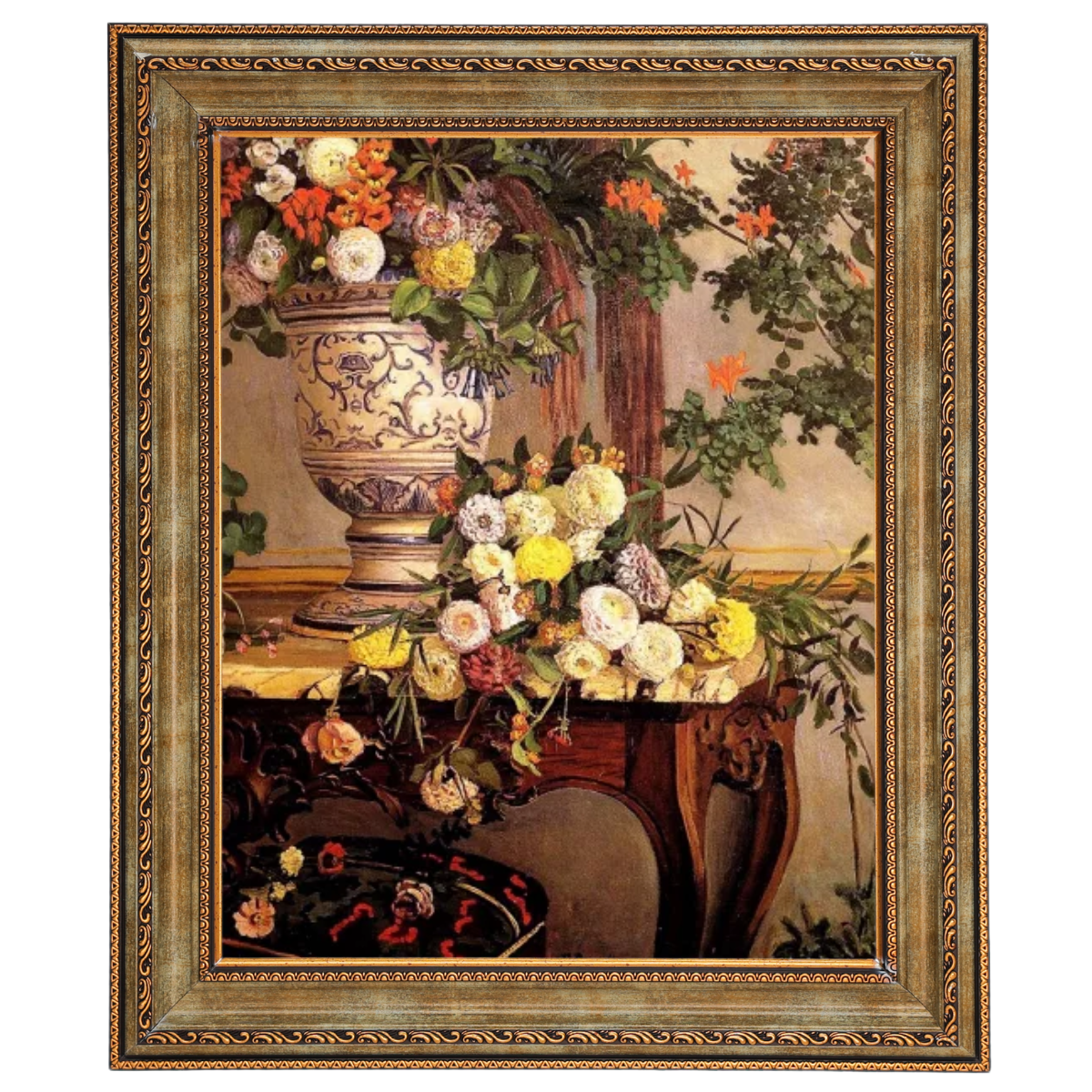 Floral still life painting reproduction in decorative frame