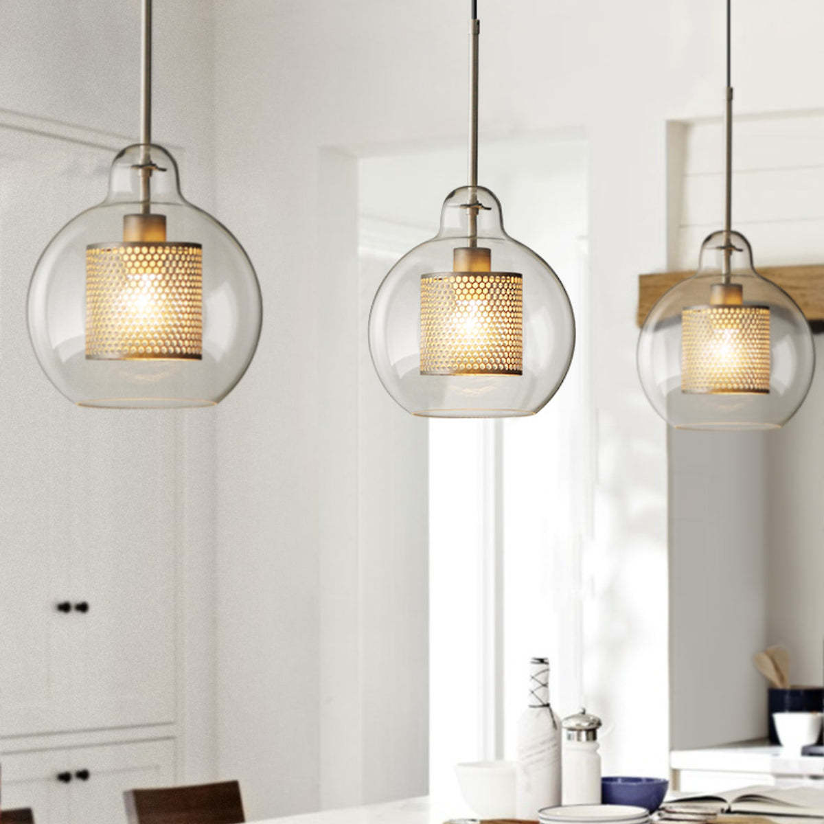 Three Oneal golden pendant lights, modern design
