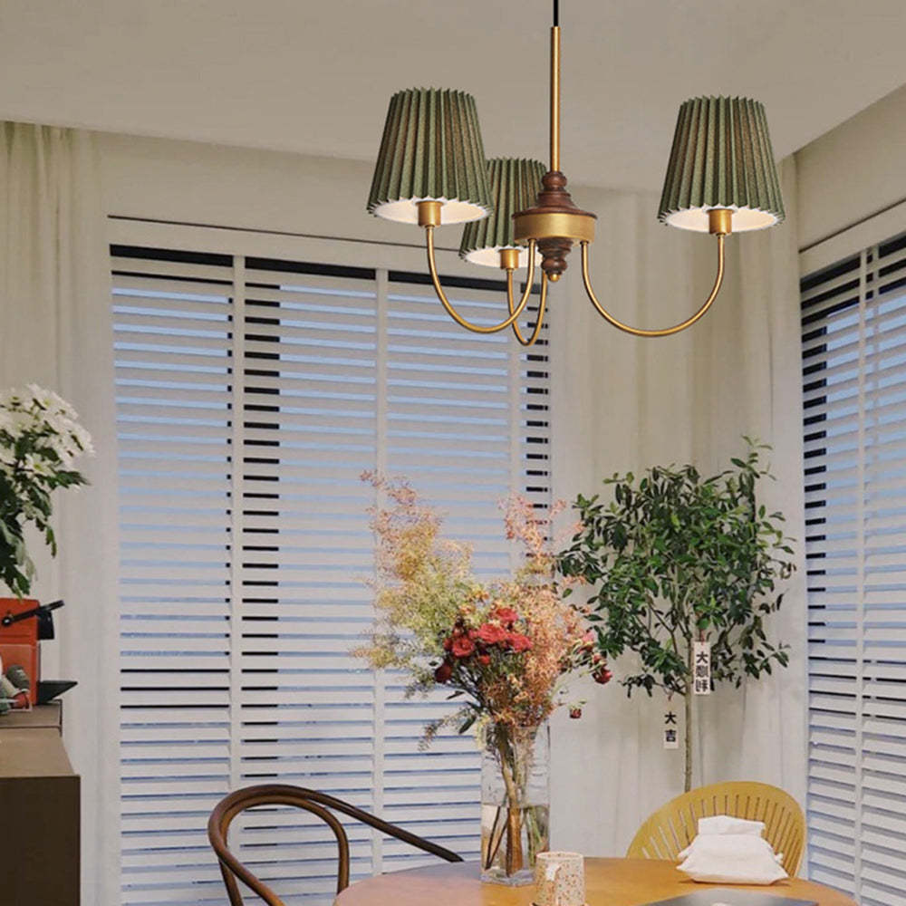 Green fabric chandelier in dining room, retro style. Eryn Modern Retro Metal Fabric Chandelier