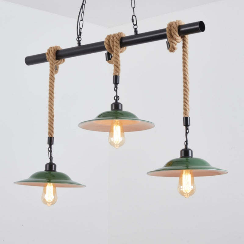 Epoch Vintage Pendant Light with Green Shades and Rope Detail