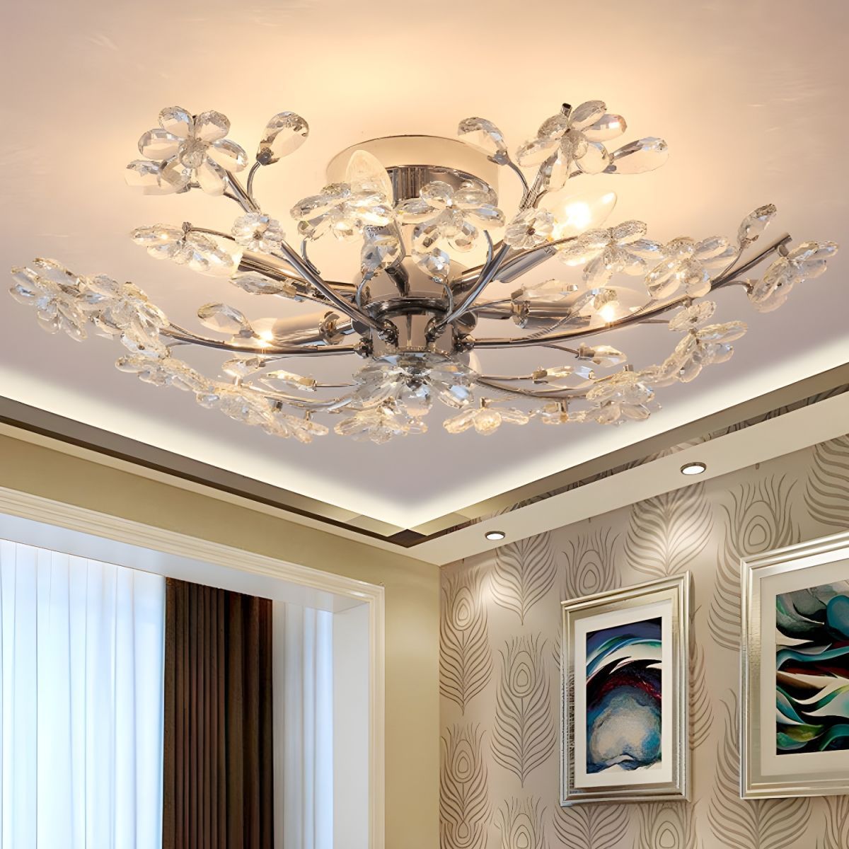 Chrome Olivia Flower Flush Mount Ceiling Light in Living Room
