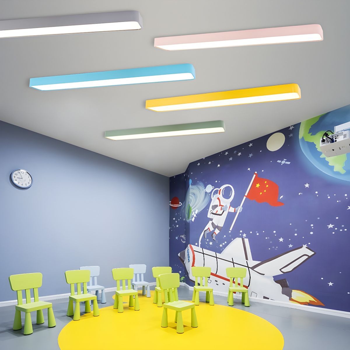 Colorful linear ceiling lights in a children's bedroom