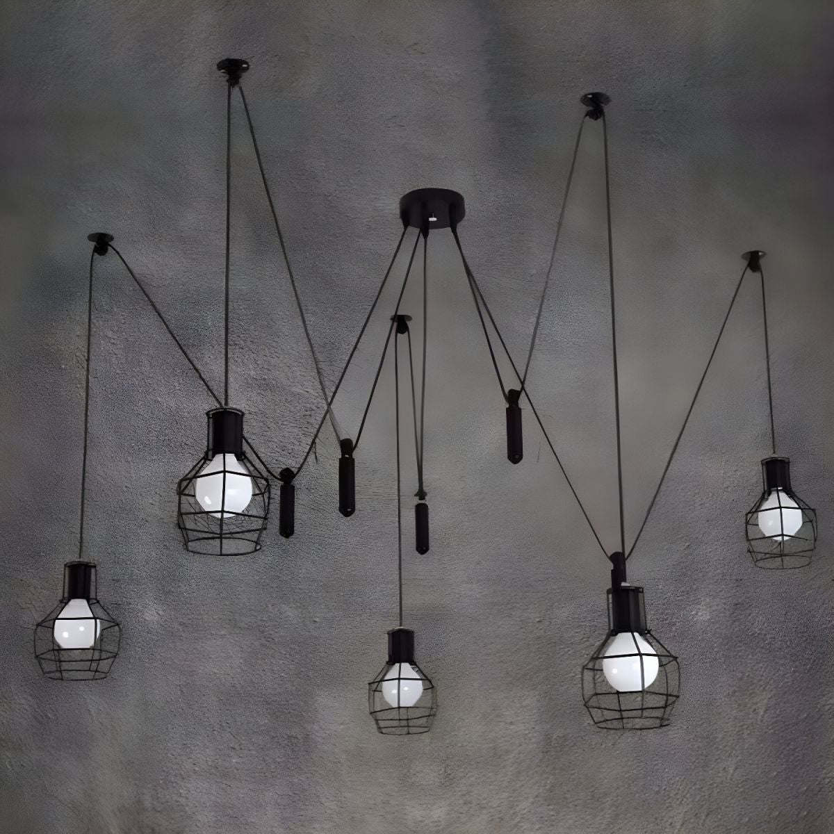 Industrial caged pendant light with 5 heads