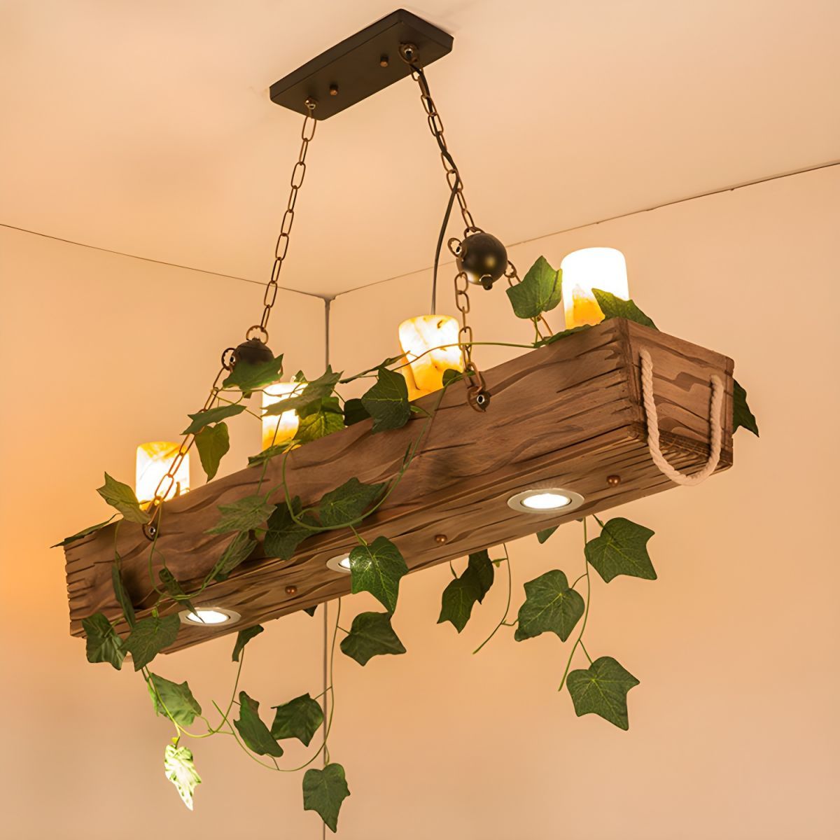 Rustic wood pendant light dining room with ivy