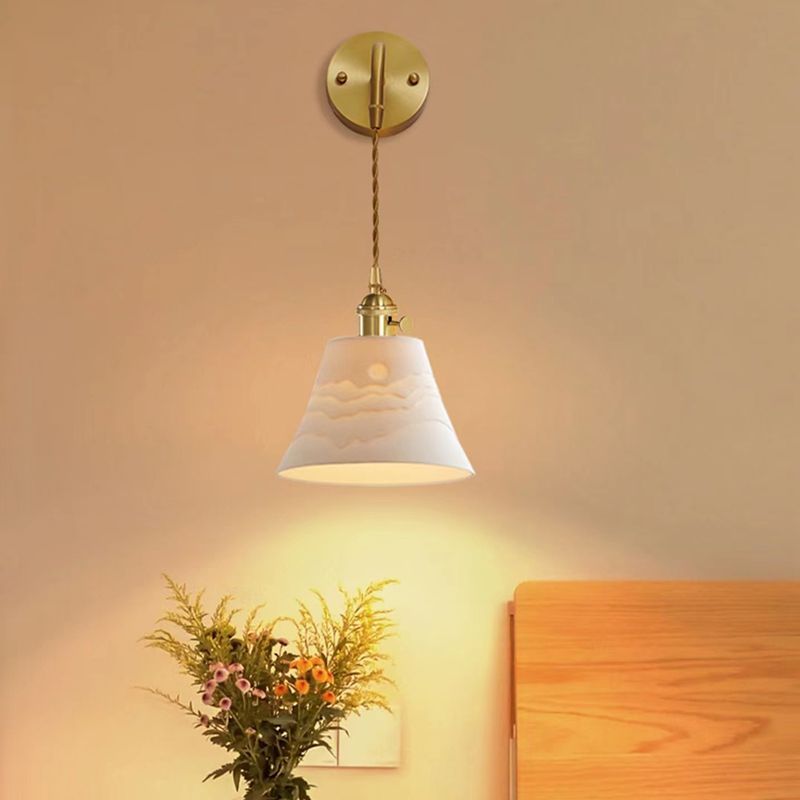 Modern cone wall lamp in bedroom, metal and ceramic