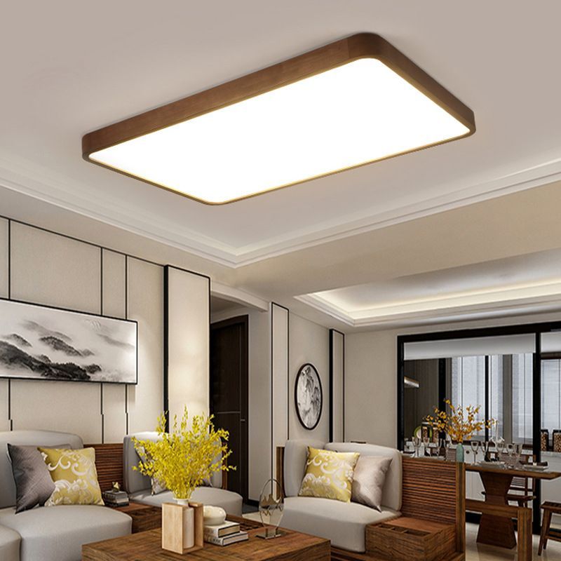 Modern walnut LED flush mount ceiling light in living room
