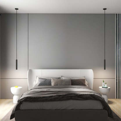 Modern bedroom interior with Sanna pendant lights and bed