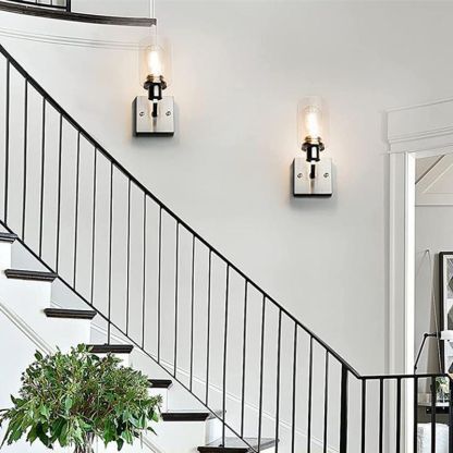 Alessio metal glass wall lamps on staircase, Las Sola lighting Alessio Modern Mirror Front Vanity Wall Lamp Metal Glass