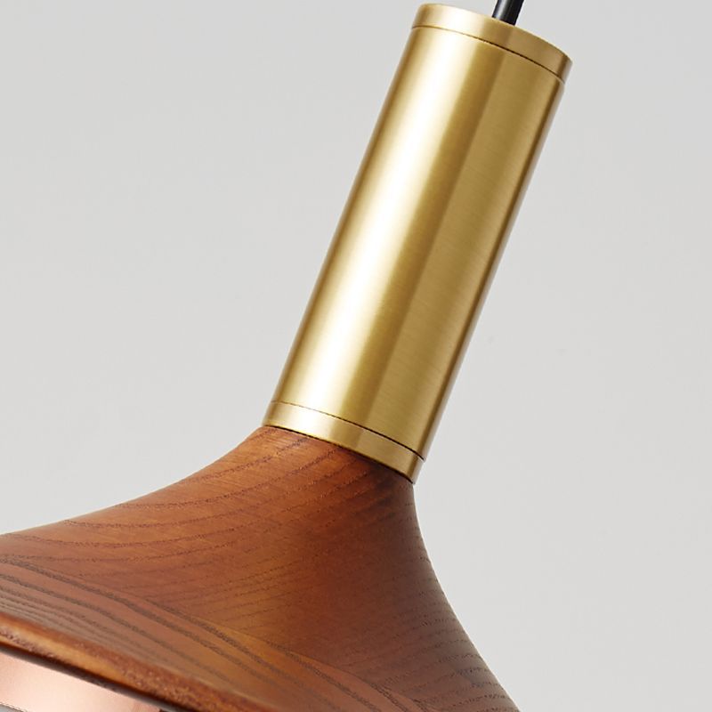 Carins wood pendant light with brass fitting detail.