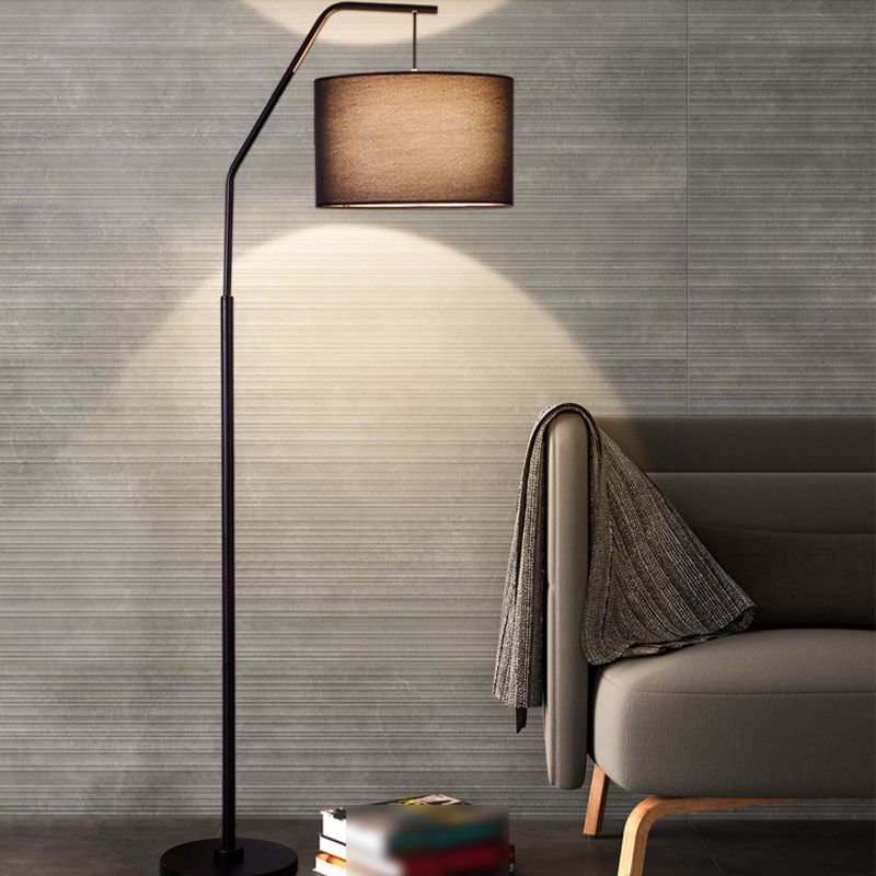 Eryn cylinder floor lamp, black metal, fabric shade, living room