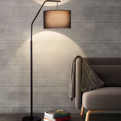 Eryn cylinder floor lamp, black metal, fabric shade, living room