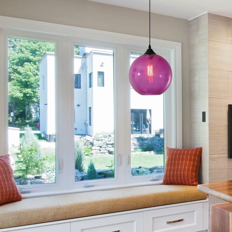 Purple Hailie pendant light above window seat