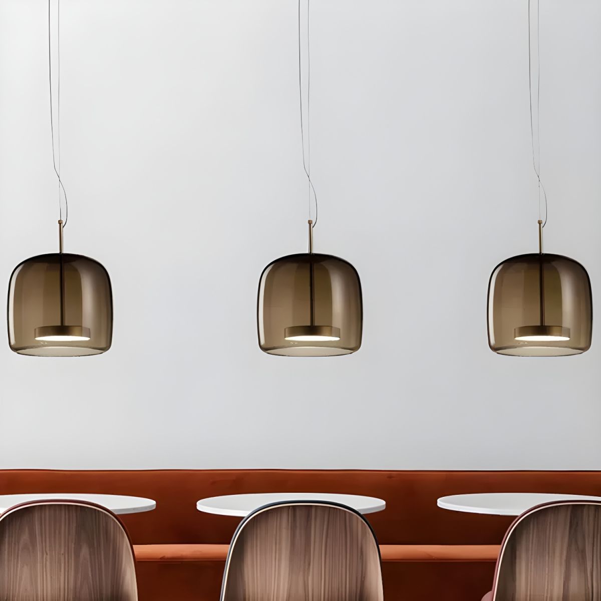 Smoky glass pendant light in a minimalist kitchen. Minimalist Cylindrical Metal/Glass Pendant Light, Kitchen