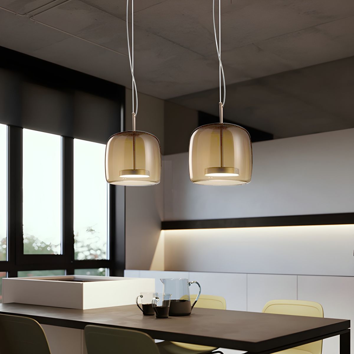 Smoky glass pendant lights above kitchen table. Minimalist Cylindrical Metal/Glass Pendant Light, Kitchen
