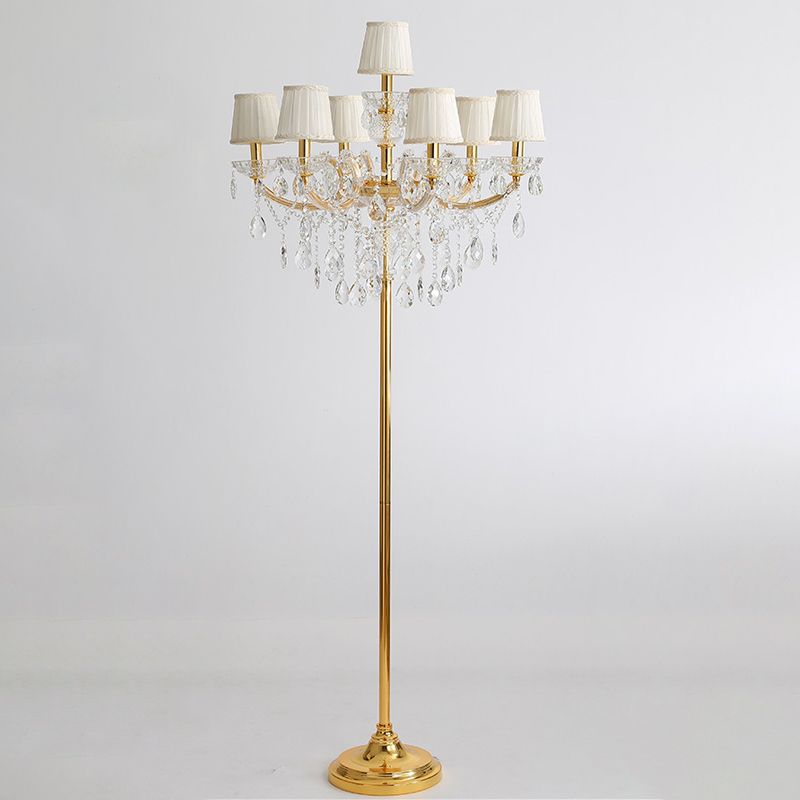 Carins crystal floor lamp. Retro multi-head brass and fabric lighting fixture.