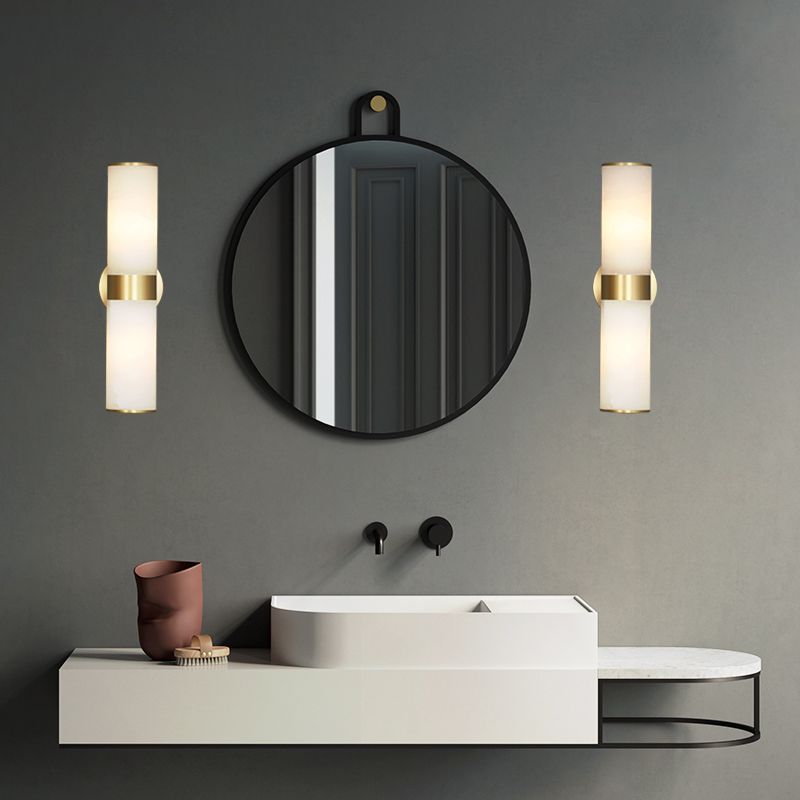Modern bathroom with Chan double headed wall sconces