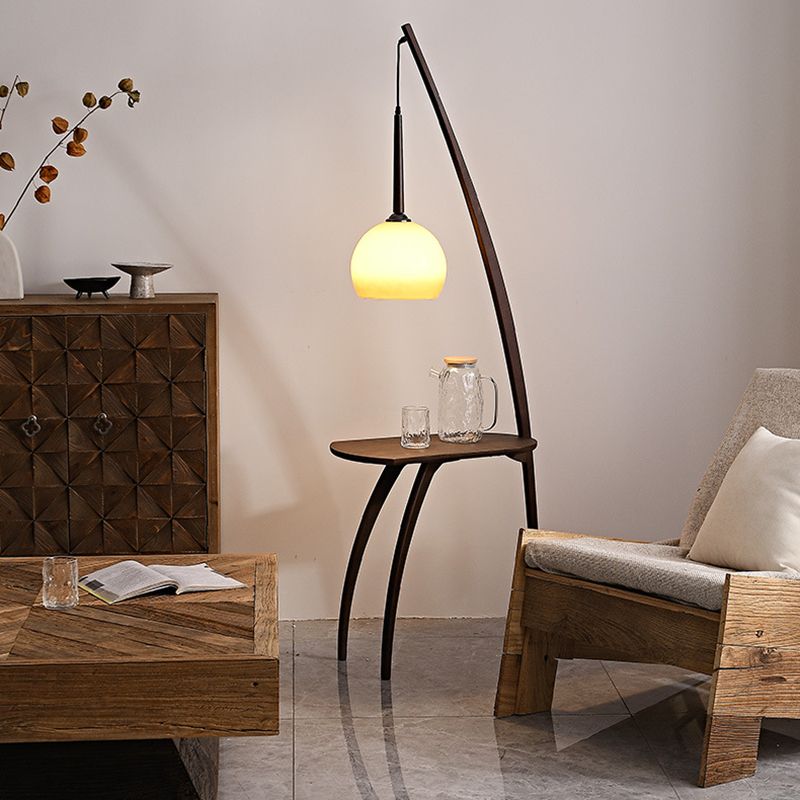 Ozawa Wood Floor Lamp with Table and Glass Dome Shade