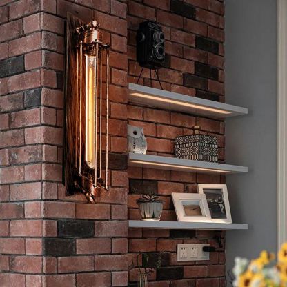 Vintage metal wall lamp on brick wall with shelves