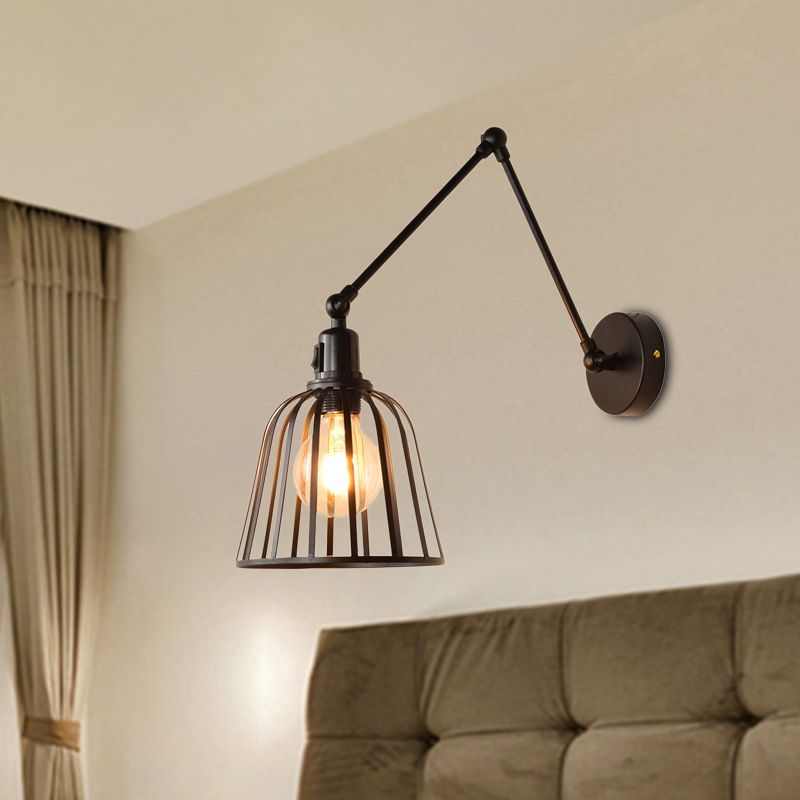 Alessio vintage metal cage adjustable wall lamp in a bedroom setting