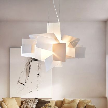 White geometric pendant light in a living room