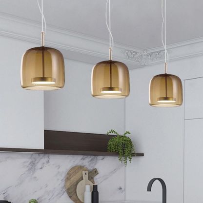Smoky glass pendant lights in modern kitchen. Minimalist Cylindrical Metal/Glass Pendant Light, Kitchen