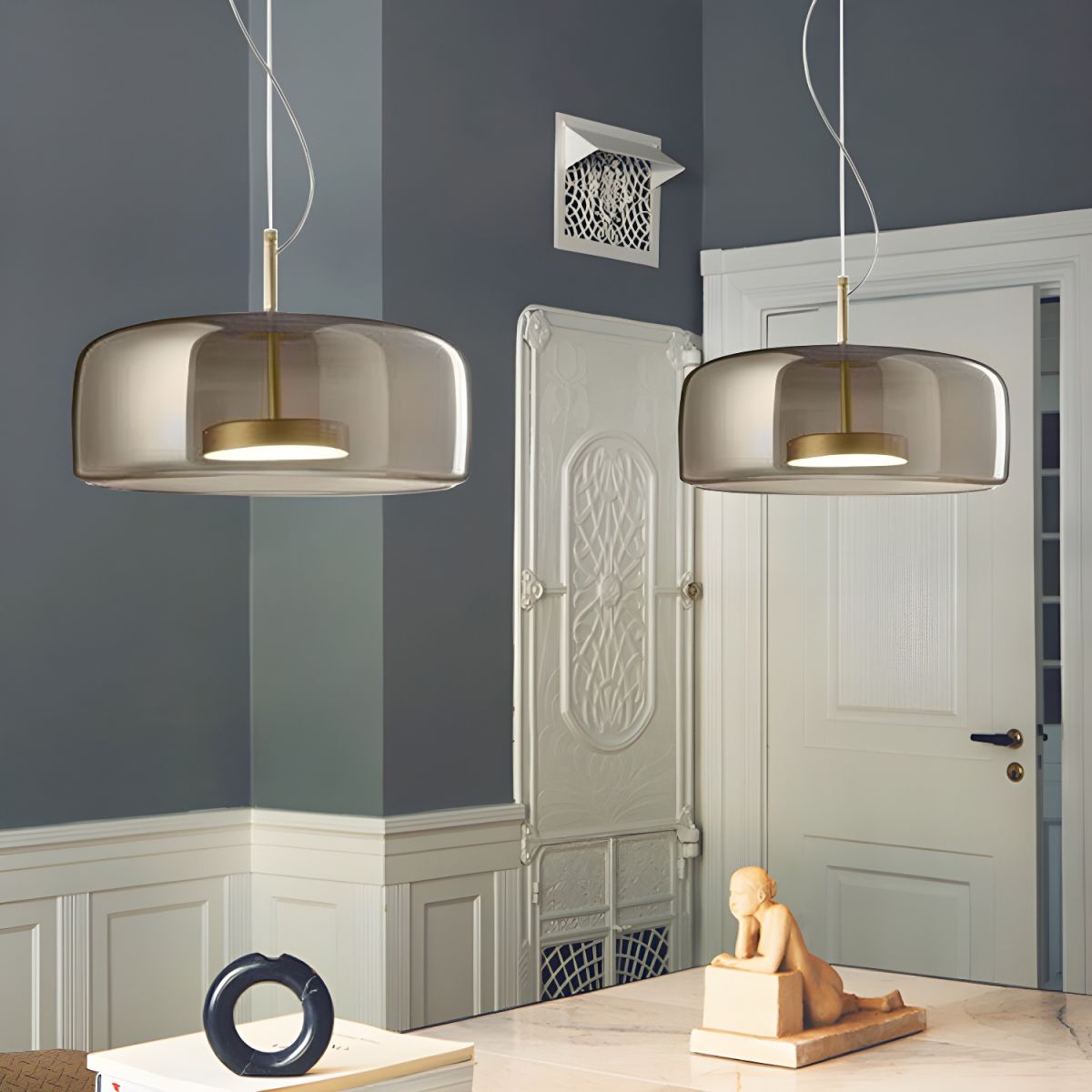 Smoky glass pendant lights for kitchen island lighting. Minimalist Cylindrical Metal/Glass Pendant Light, Kitchen
