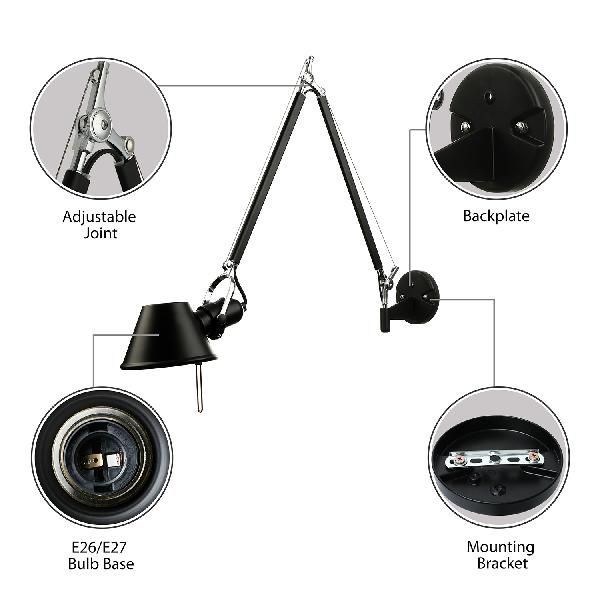 Brady Wall Lamp Features: Adjustable Joint, Backplate, Bulb Base