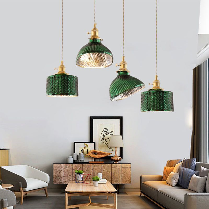 Retro green glass pendant lights in dining room, Lassola lighting