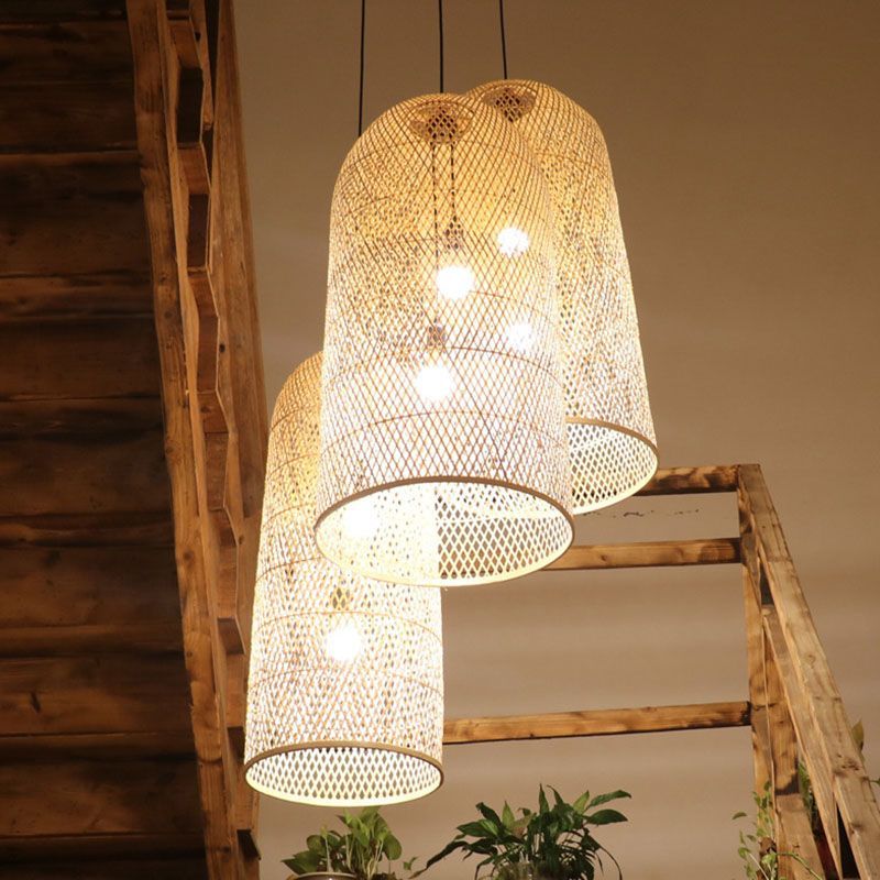 Ritta handmade bamboo pendant lights near wooden stairs