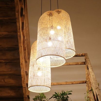 Ritta handmade bamboo pendant lights near wooden stairs