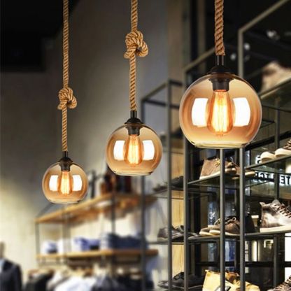 Amber glass pendant lights with hemp rope, industrial lighting