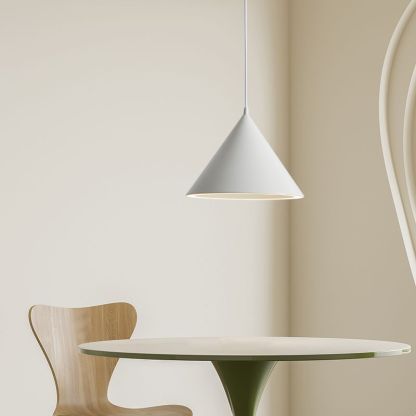 White Morandi pendant light over table. Artistic lighting solution.