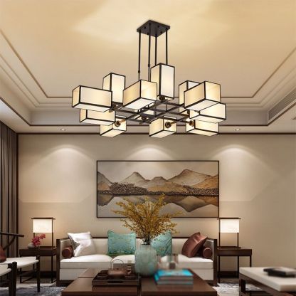 Lacey Square Metal and Fabric Pendant Light in Living Room