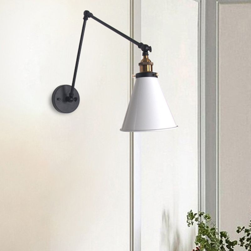 Brady wall lamp, white conical shade, adjustable arm, minimalist design