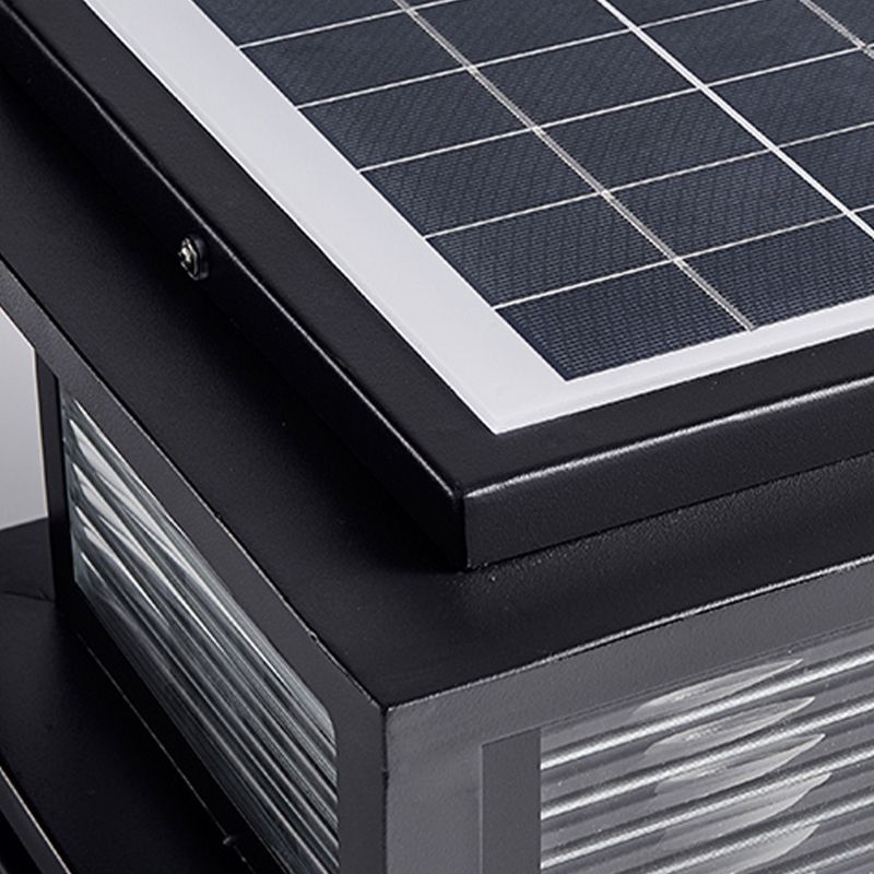 Close-up of Riley black solar outdoor lamp top, metal and glass