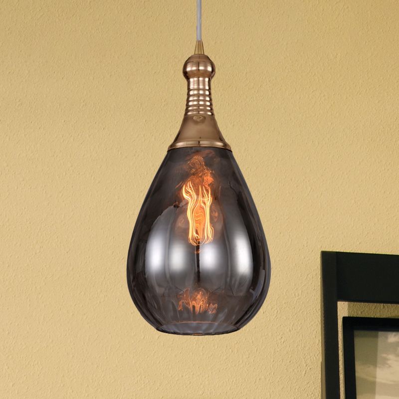 Smoke Gray teardrop pendant light by Las Sola. Glass and Brass fixture.