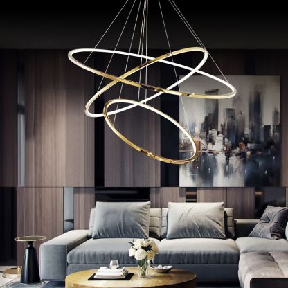 Arisha ring pendant light over modern living room sofa.