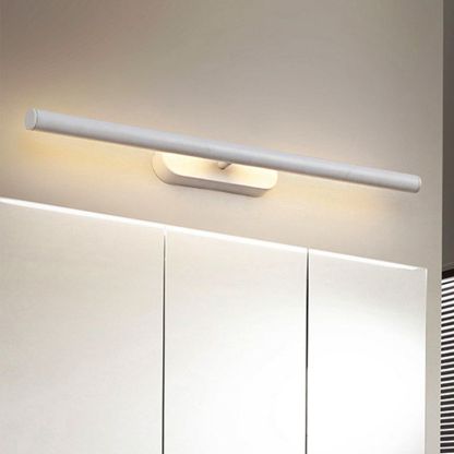 White minimalist vanity wall lamp above mirror