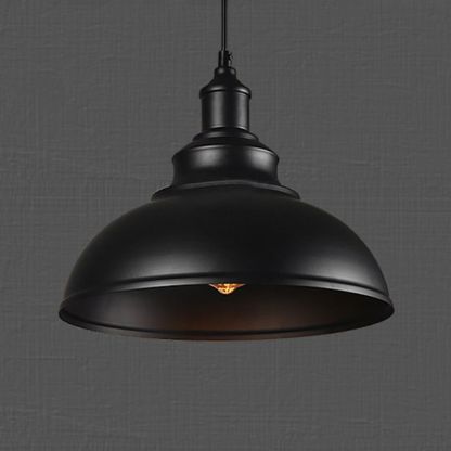 Black Cooley metal pendant light. Industrial dome lighting fixture.