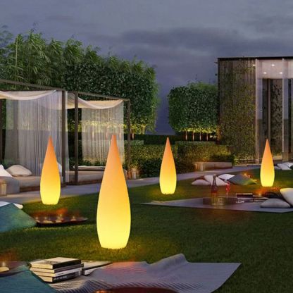 Outdoor waterdrop lights illuminating a modern garden