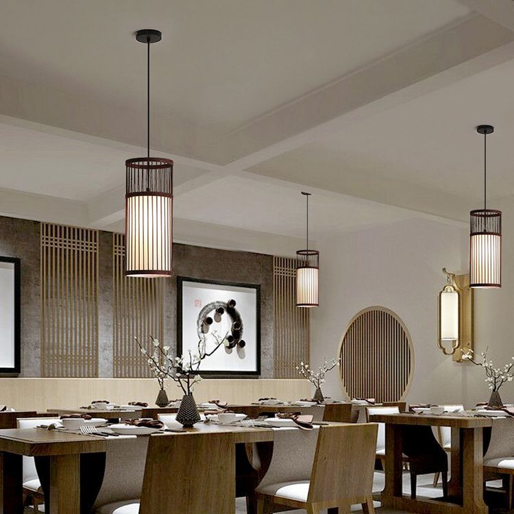 Dining room with Ozawa Weave Cylinder Pendant Lights, contemporary lighting