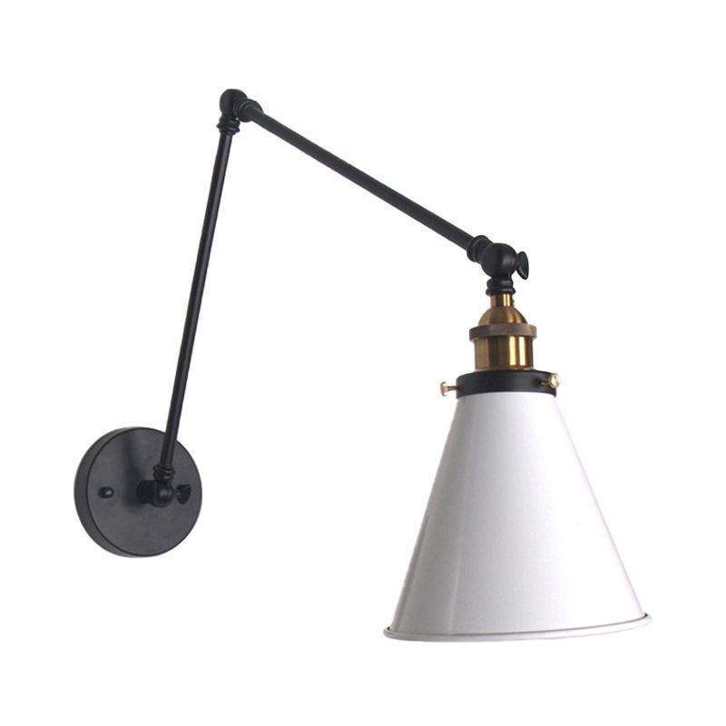 Brady Wall Lamp: White Conical Shade, Adjustable Arm, Metal