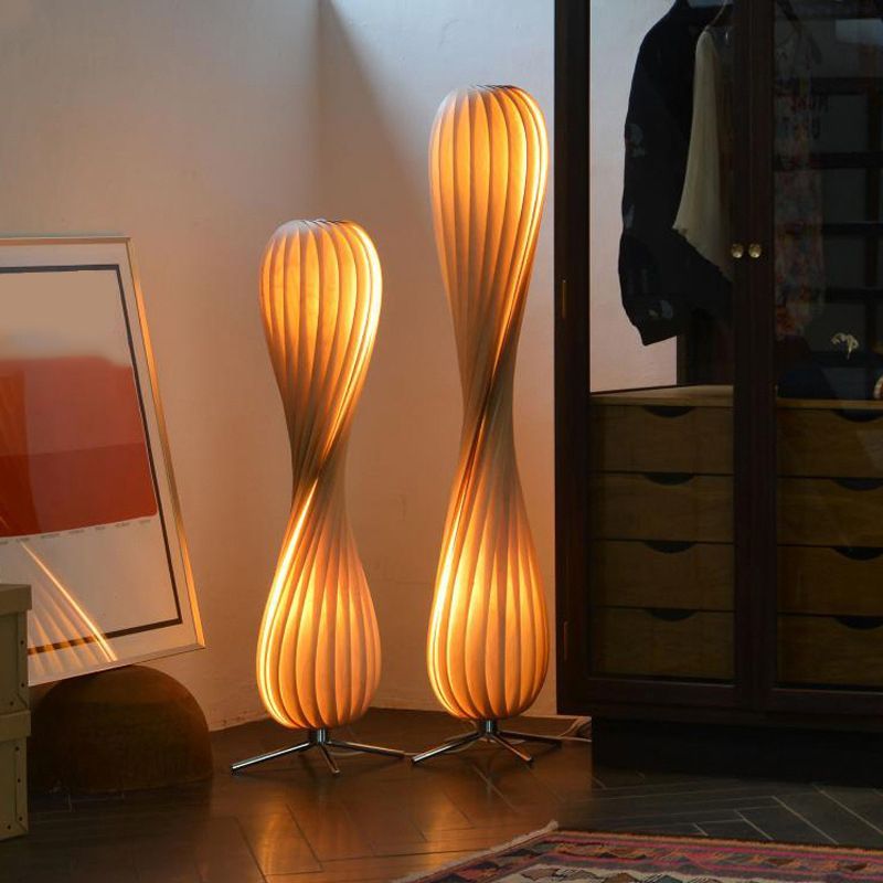 Ozawa Modern Twisted Wood Floor Lamps in a Bedroom Setting