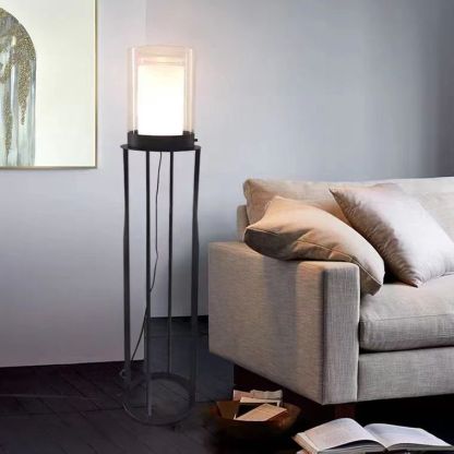Eryn Cylinder Floor Lamp, glass shade, metal frame, living room lighting.