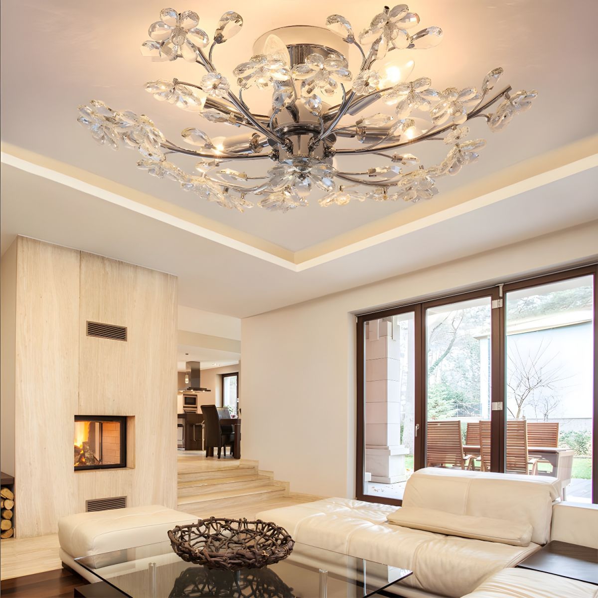Olivia Crystal Flower Flush Mount Ceiling Light in a Living Room