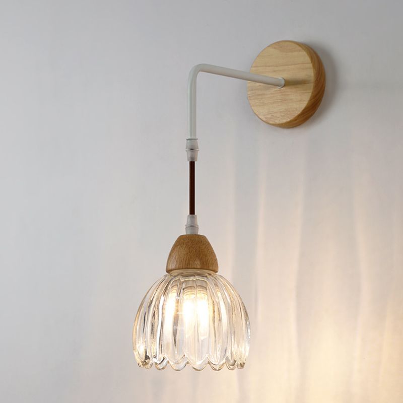 Lily Pleated Wall Lamp - Glass Shade & Wood Details