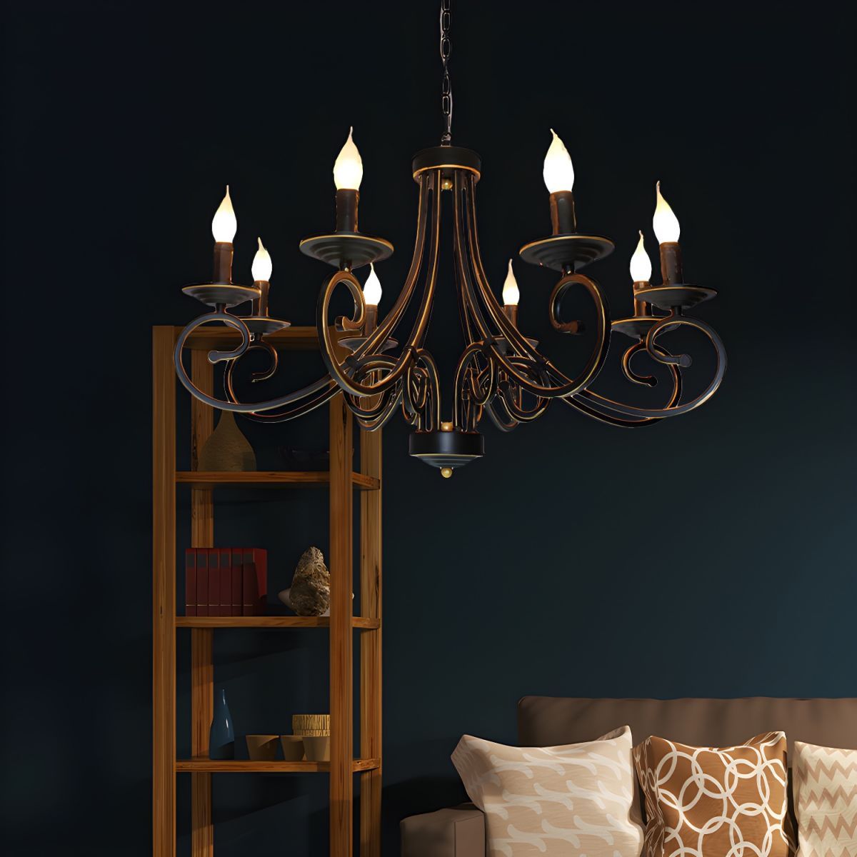 Vintage black metal candle chandelier in a living room setting