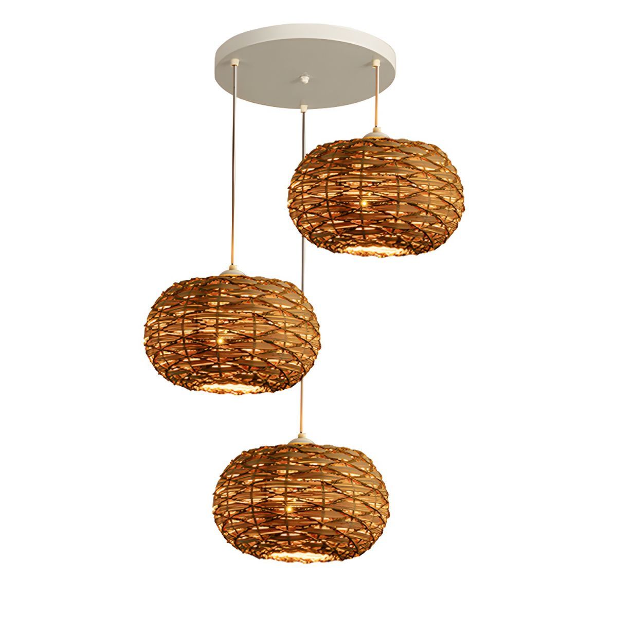 Boho Rattan Pendant Light Fixture, Three Light Design